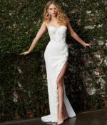 Model wearing Jovani JB06777 white floor-length dress with sweetheart neckline and high slit, front view.