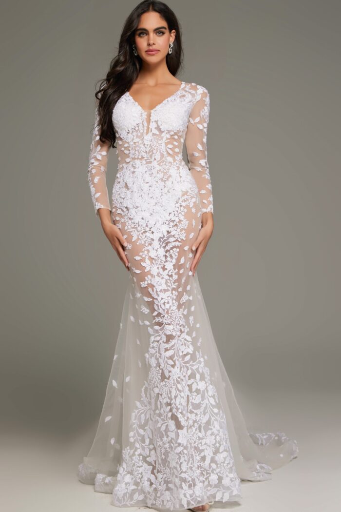 Model wearing Jovani JB06861 ivory gown with floral lace and deep V-neckline.