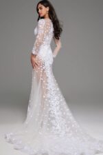 Side view of model in Jovani JB06861 ivory gown with intricate lace design.