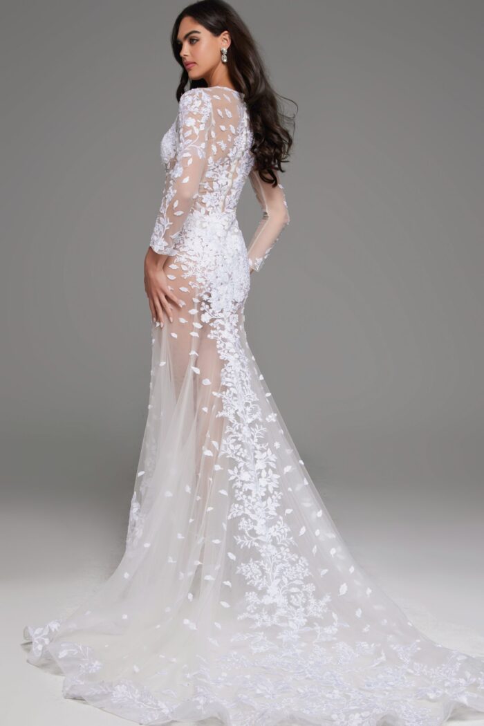 Side view of model in Jovani JB06861 ivory gown with intricate lace design.
