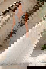 Lace A-line gown with deep V neckline, floral appliqués, and soft tulle skirt.