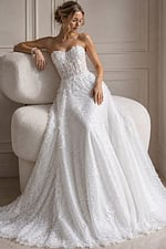 ivory textured lace strapless A-line wedding dress with sweetheart neckline and sheer corset bodice, front view, Jovani Bridal style JB07165