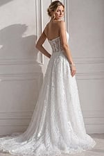 ivory textured lace strapless A-line wedding dress with sweetheart neckline and sheer corset bodice, front view, Jovani Bridal style JB07165