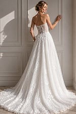 ivory textured lace strapless A-line wedding dress with sweetheart neckline and sheer corset bodice, front view, Jovani Bridal style JB07165