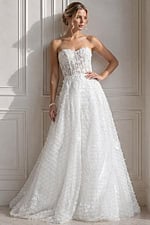 ivory textured lace strapless A-line wedding dress with sweetheart neckline and sheer corset bodice, front view, Jovani Bridal style JB07165
