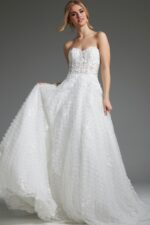 Model wearing Jovani JB07165 white gown with floral appliqué and sweetheart neckline, front view.