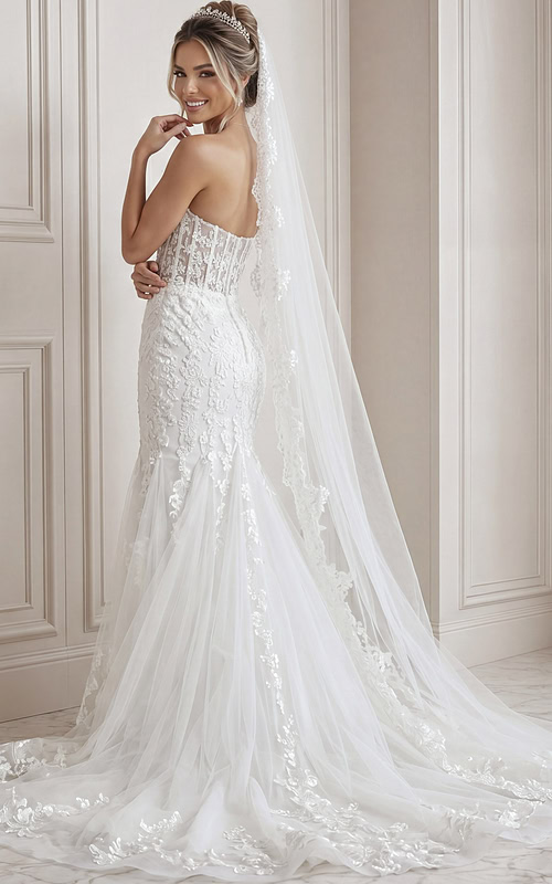 ivory floral lace fitted mermaid wedding dress with strapless sweetheart neckline and sheer corset bodice, front view, Jovani Bridal style JB07260