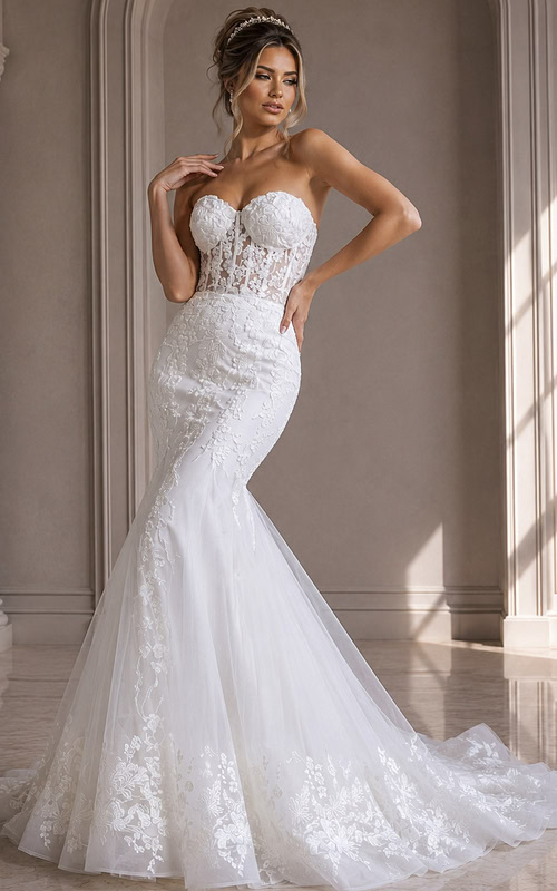 ivory floral lace fitted mermaid wedding dress with strapless sweetheart neckline and sheer corset bodice, front view, Jovani Bridal style JB07260
