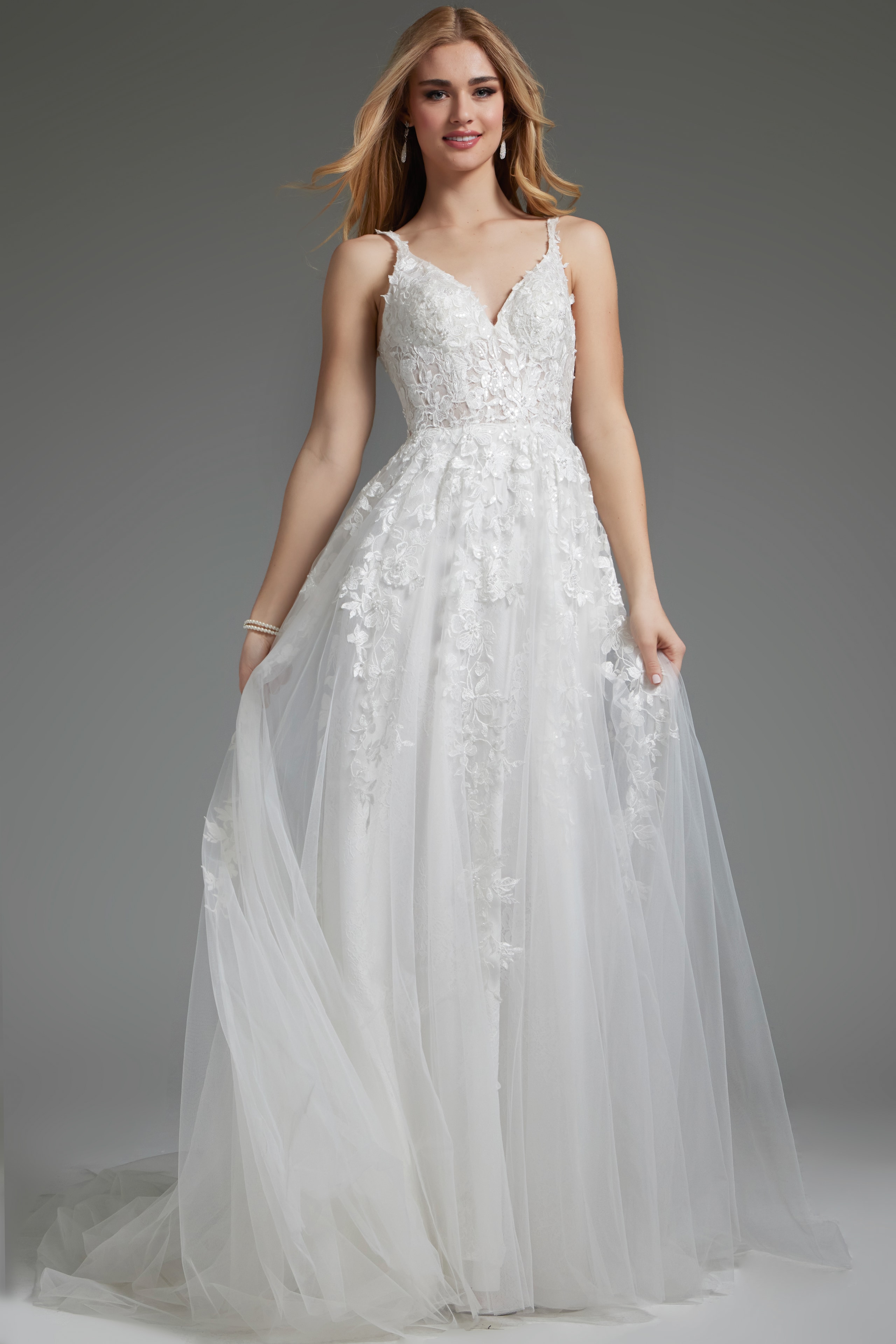 JOVANI ジョヴァニ フラワーモチーフビジュー ロングドレス Ivory Floral Appliques V Neck Bridal Dress JB07311 | Jovani
