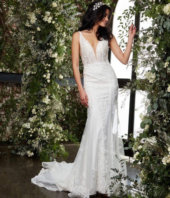 Jovani JB07385 ivory gown with mermaid silhouette and delicate lace features.