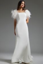 model wearing Jovani JB07433 white gown with feathered short sleeves full view
