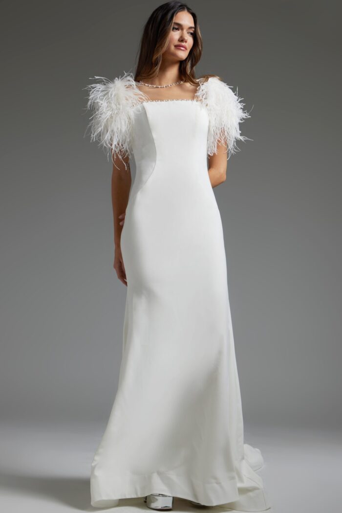 model wearing Jovani JB07433 white gown with feathered short sleeves full view