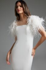 model wearing Jovani JB07433 white gown with pearl detail close-up
