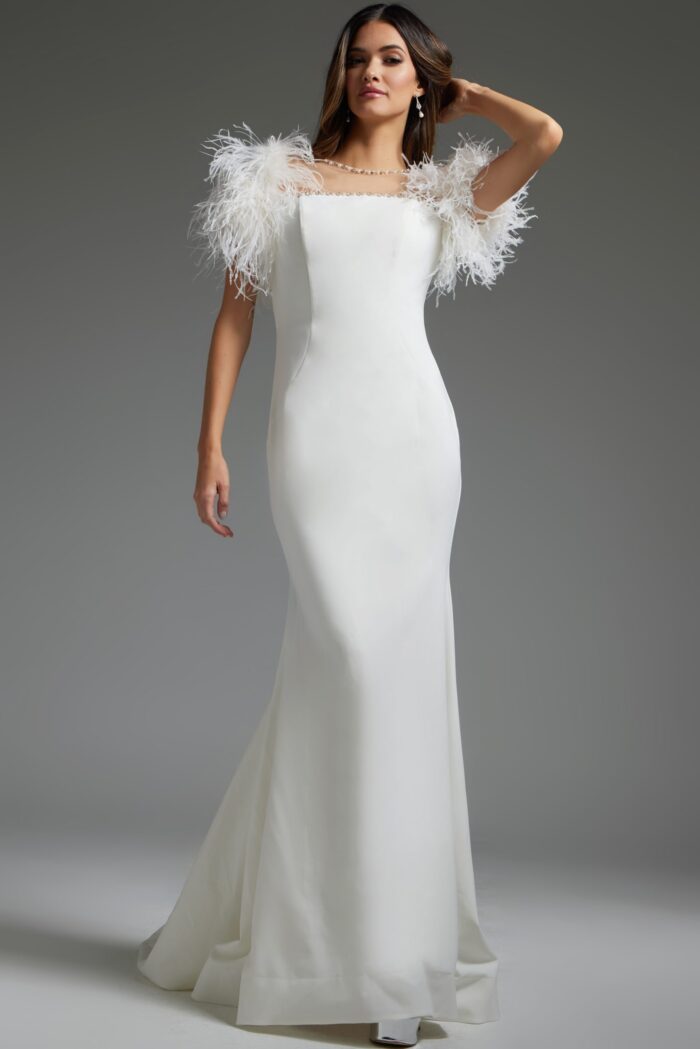 model wearing Jovani JB07433 elegant white gown with feathered sleeves front view