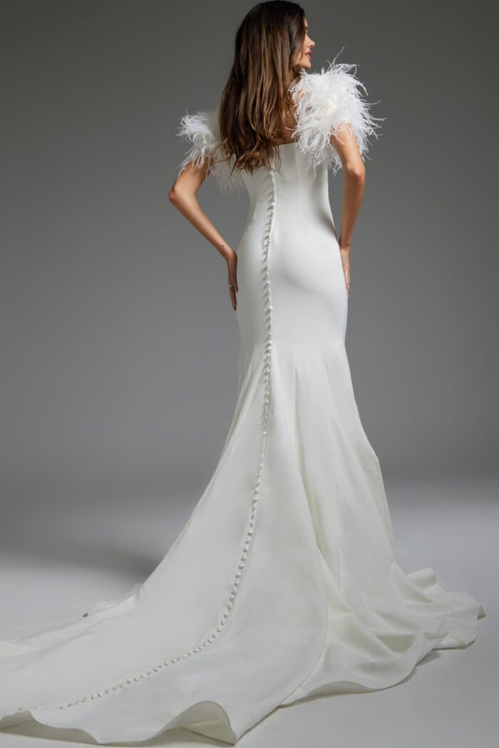 model wearing Jovani JB07433 elegant white gown with button detailing back view
