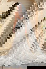 Back view of a strapless lace mermaid wedding gown with sheer tulle train and long cathedral veil with lace trim.