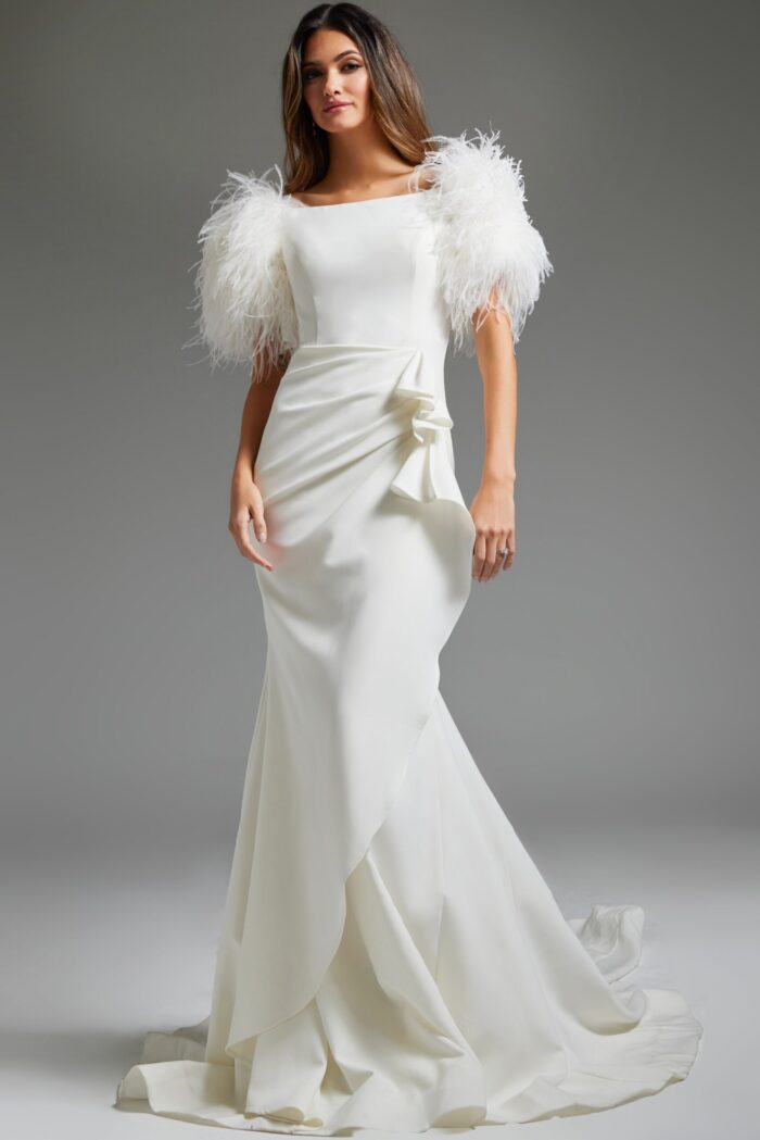Model wearing Jovani JB09153 elegant white gown with feathered sleeves, front view.