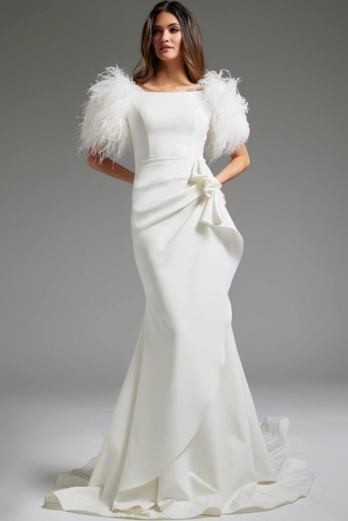 Model wearing Jovani JB09153 elegant white gown with feathered sleeves, front view.
