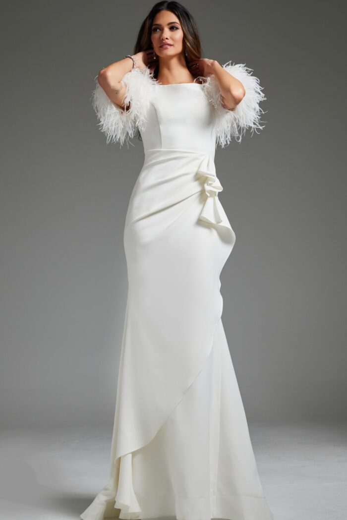 Model wearing Jovani JB09153 elegant white gown with feathered sleeves, front view.