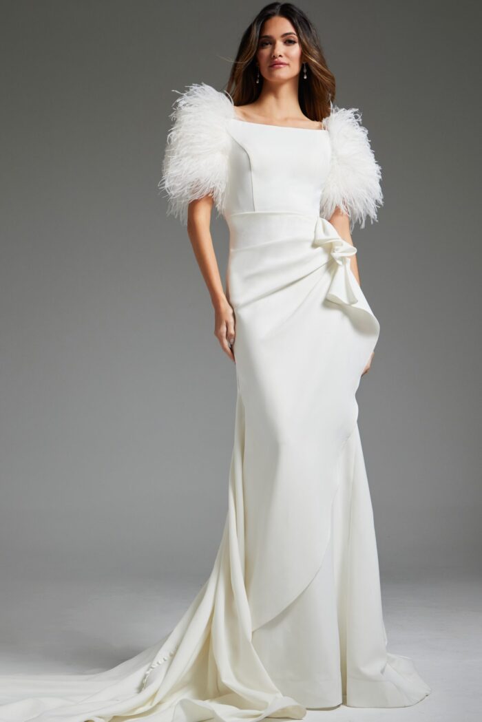 Model wearing Jovani JB09153 elegant white gown with feathered sleeves, front view.