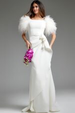 Model wearing Jovani JB09153 elegant white gown with feathered sleeves, front view.