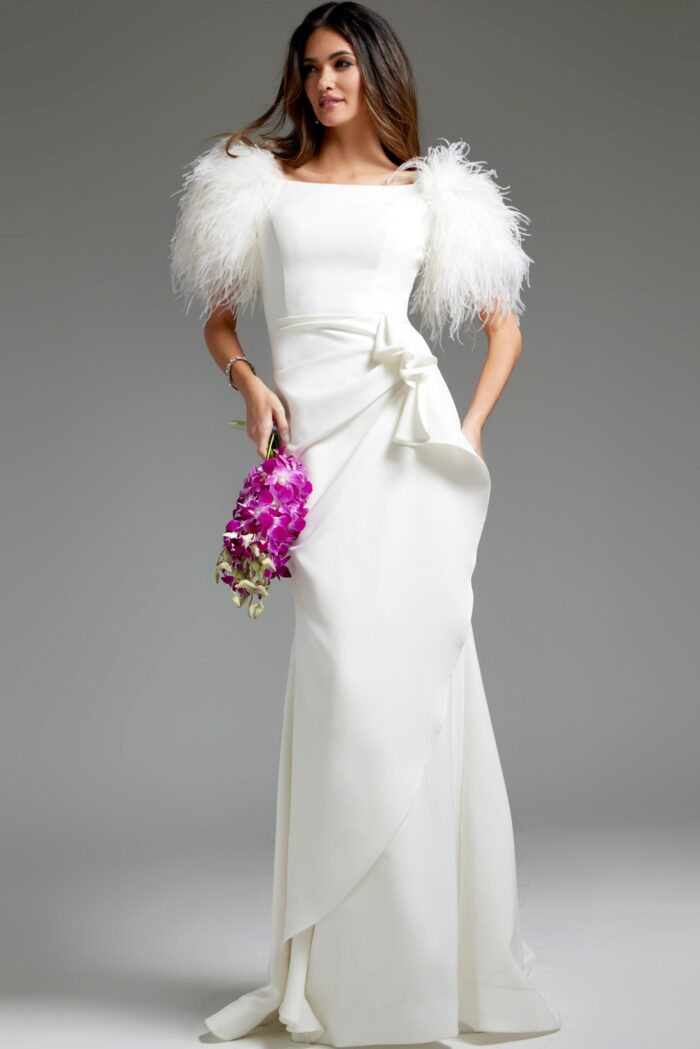 Model wearing Jovani JB09153 elegant white gown with feathered sleeves, front view.