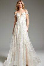Model wearing JB220001 ivory A-line gown with lace detailing and off-the-shoulder neckline.