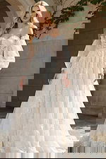 Off shoulder lace bridal gown with sheer puff sleeves