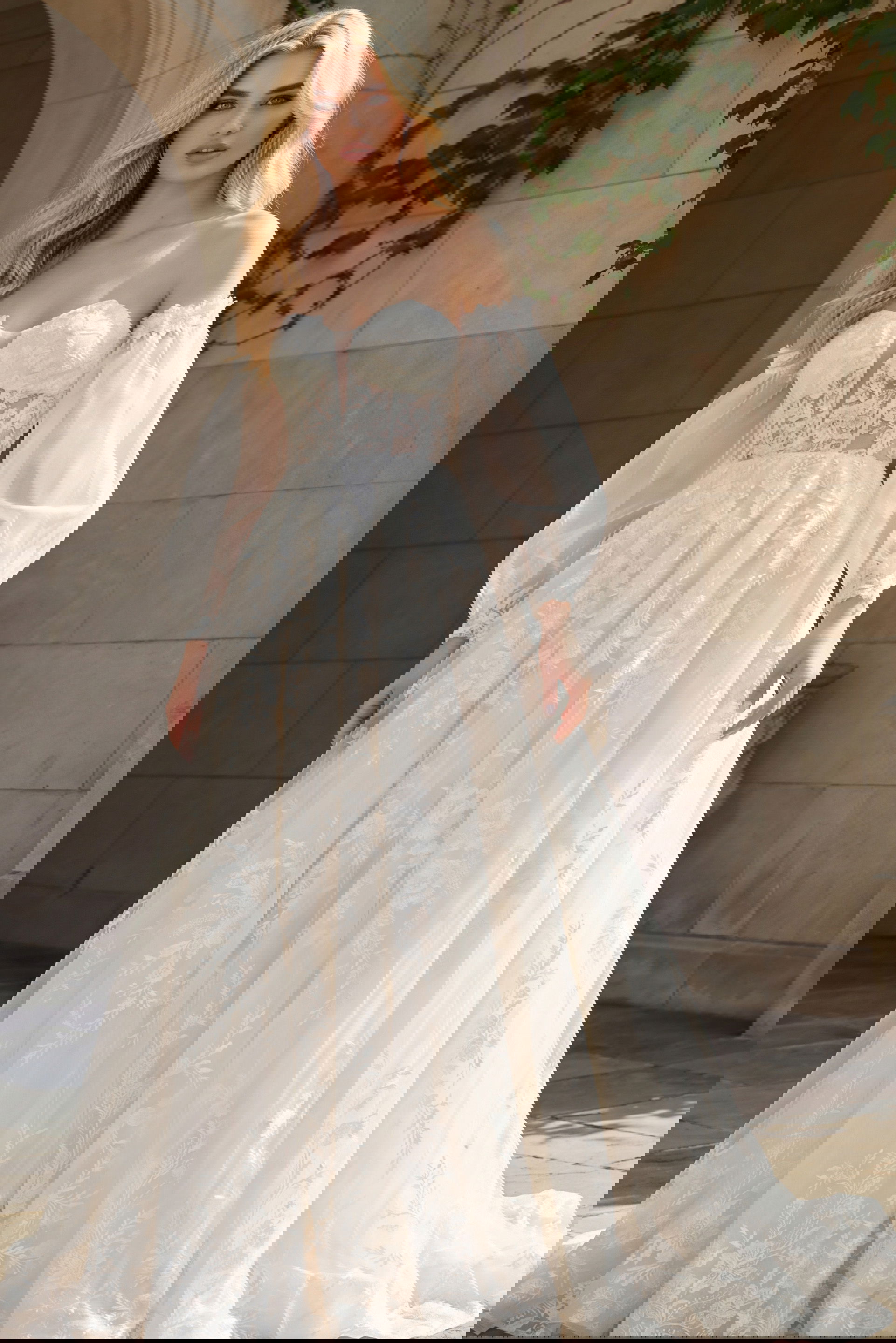 JB220004-h-2 Off shoulder lace bridal gown with sheer puff sleeves