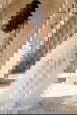 Sheer tulle overskirt bridal dress with structured lace bodice and open back