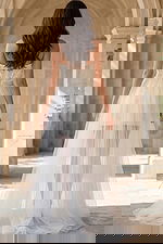 Sheer tulle overskirt bridal dress with structured lace bodice and open back