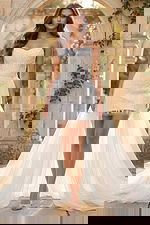 Bridal mini dress with strapless sweetheart neckline and detachable tulle overskirt