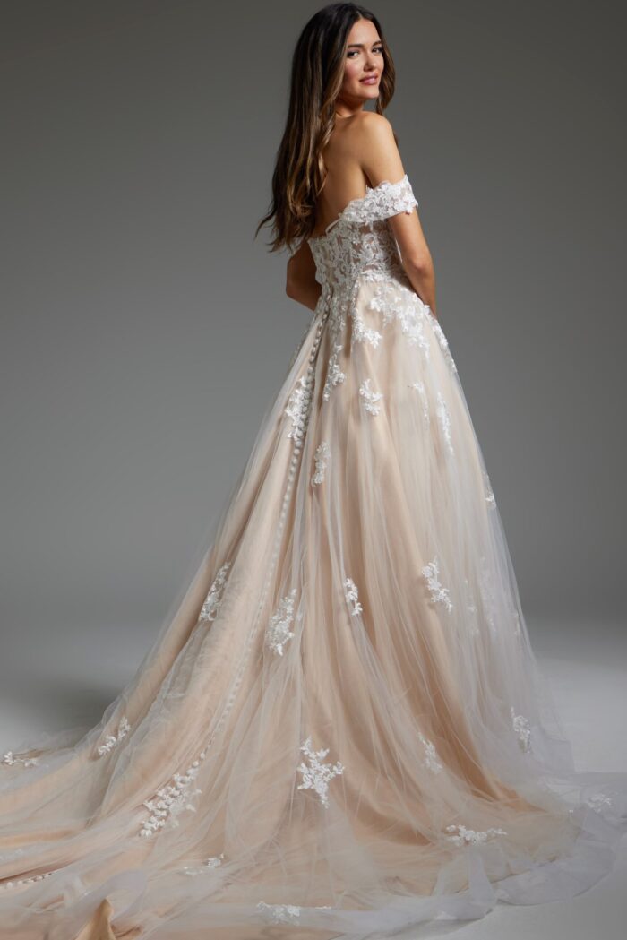 JB24145 off-the-shoulder dress back view with floral lace