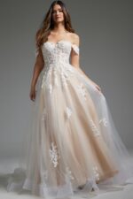 Front view of JB24145 gown in white with floral embroidery