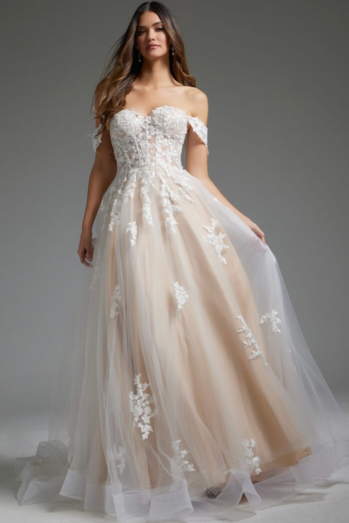 Front view of JB24145 gown in white with floral embroidery