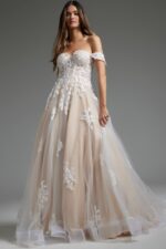 Model wearing JB24145 white gown with off-shoulder lace detail