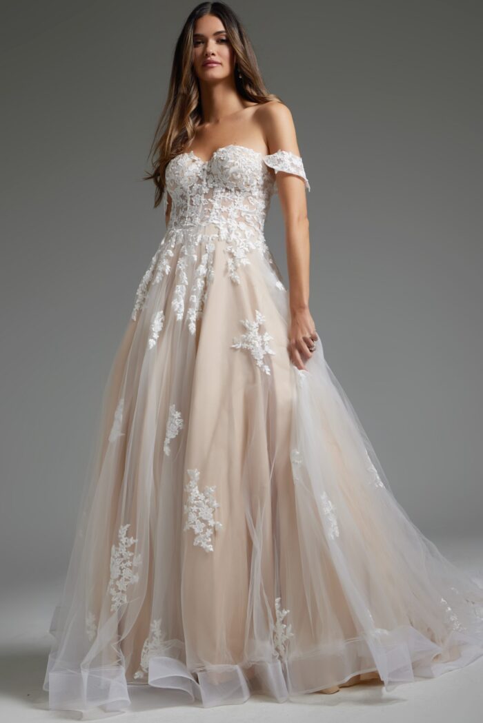 Model wearing JB24145 white gown with off-shoulder lace detail