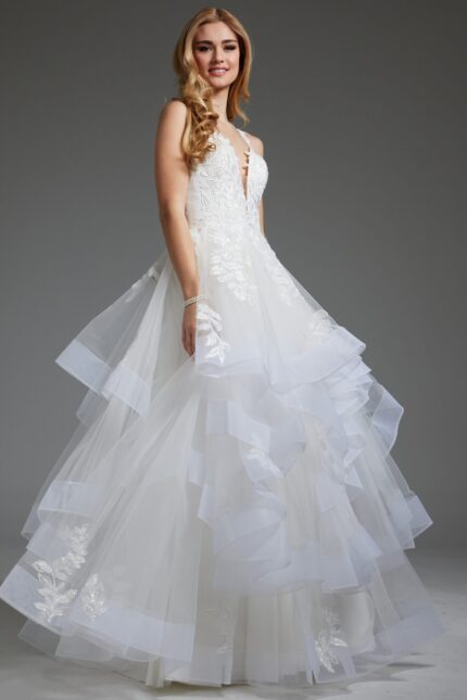 Model wearing Jovani JB41002 white dress with layered tulle skirt