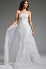 model in Jovani JB24560 white dress with strapless neckline, front view