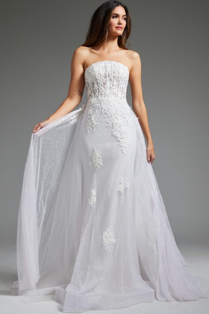 model in Jovani JB24560 white dress with strapless neckline, front view