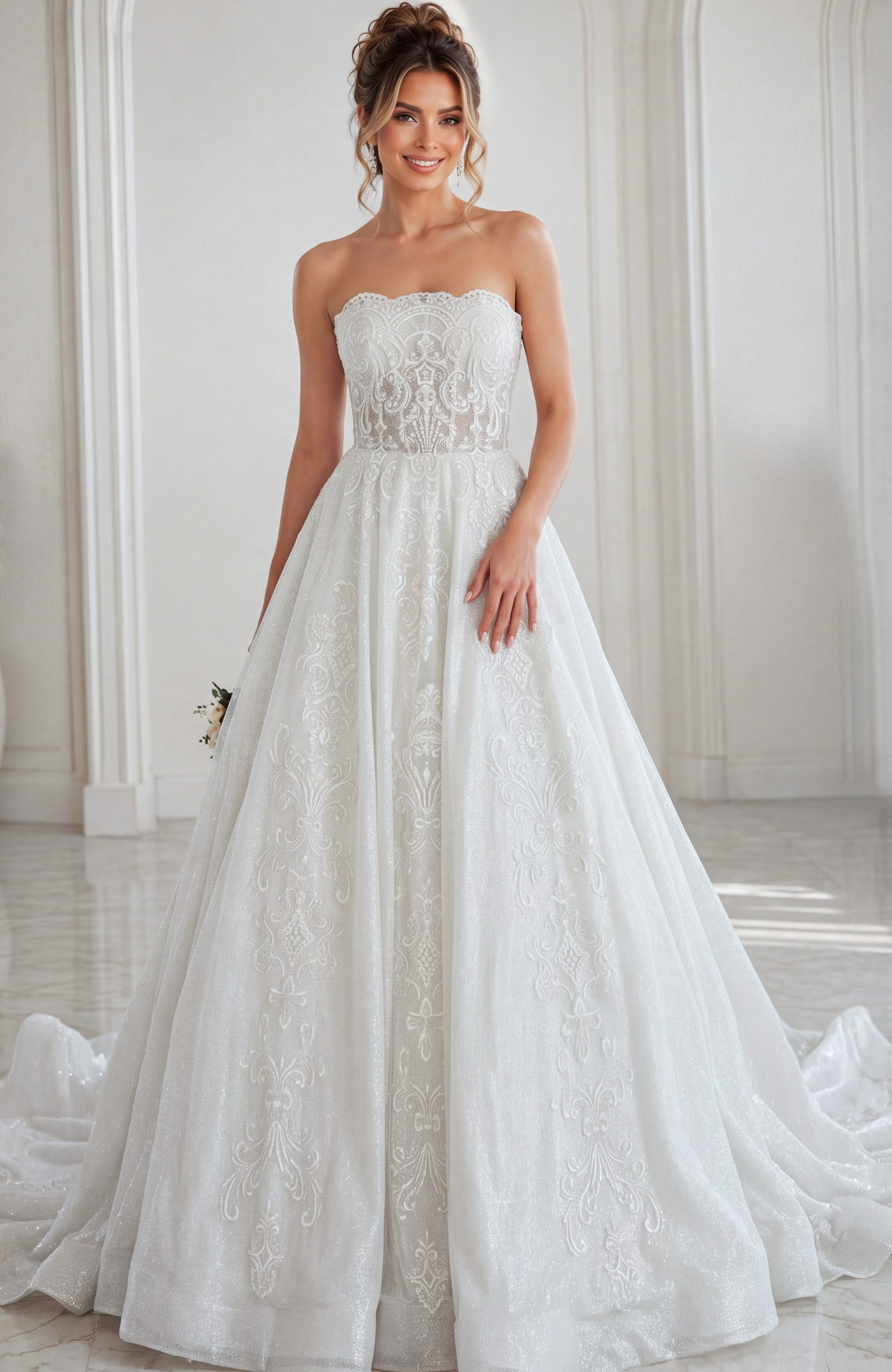 JOVANI☆アイボリー刺繍パーティードレス Straight Neckline White Glitter Lace Dress JB24563 | Jovani