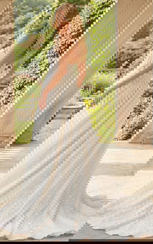 Elegant strapless lace A line bridal gown front view