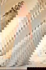 Lace embroidered strapless wedding dress with long train back view