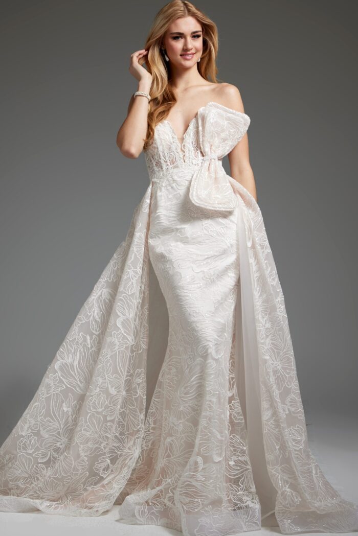 Jovani JB24653 ivory floor-length gown with floral detailing.