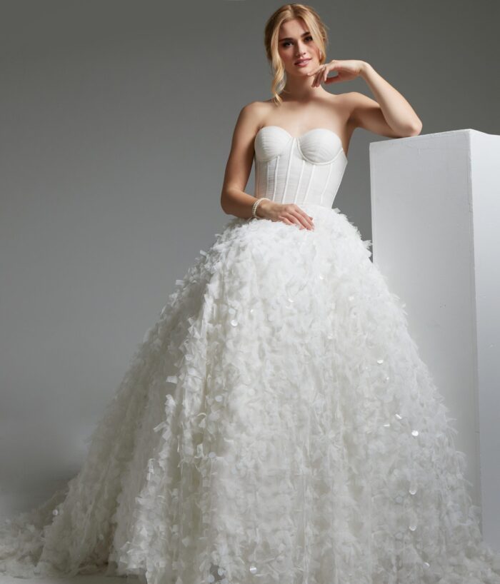 elegant Jovani JB26295 white dress with floral skirt detailing