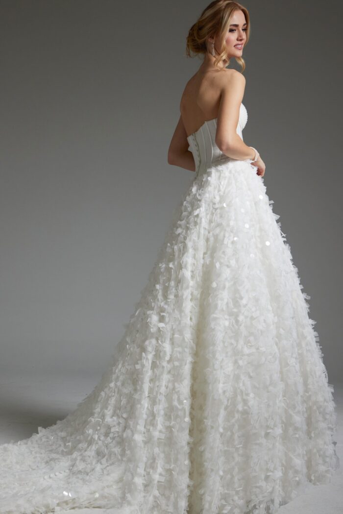 back view of Jovani JB26295 white gown with A-line silhouette