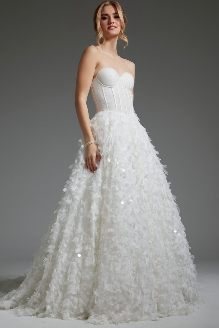 model wearing Jovani JB26295 elegant white gown with sweetheart neckline