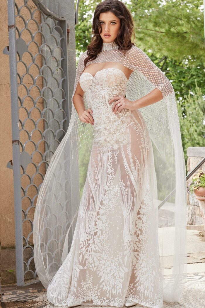 Model wearing JB36547 showcasing high collar and sheer lace detailing.