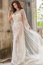 Model wearing JB36547 elegant white dress with exquisite floral details.