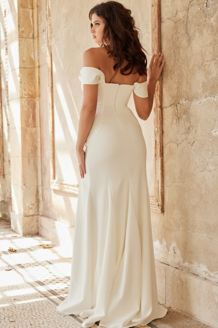 Back view of Jovani JB36882 ivory gown, showcasing off-the-shoulder design.